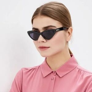 MOSCHINO NWT Chic Black Cat Eye Gold Studded Sunglasses